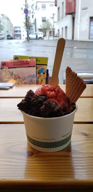 Vegan strawberry and chocolate ice cream with a brownie topping at Joylato in Reykjavik