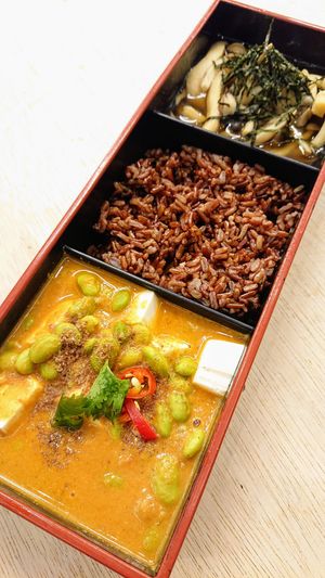 tofu edamame curry, red rice, and mushroom bento at The Bento People in Central Singapore