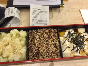 Basic bento $9.8: cauliflower in miso soup, silken tofu in udon soup, tri-colored quinoa (+$1) = $10.8 this exceeded my expectations far and beyond at The Bento People in Central Singapore