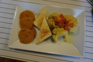 Dominican Veggie. A very dominkcan breakfast. Mangú, vegan salami and soy cheese.  at Dr Ben Bistro in Santo Domingo