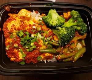 Tofu, green beans, broccoli, and yams over rice at HoM Korean Kitchen in San Jose