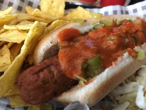 the franken-hurter hot dog (jalapeños)  at Grumpy Panda Slice Shop & Deli in Gateshead