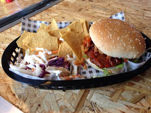Oklahoma burger and slaw at Grumpy Panda Slice Shop & Deli in Gateshead