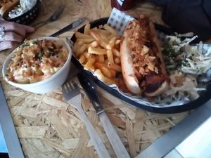 One of Grumpy Panda's "hotdogs" with their fries & Mac & "Cheeze". X x at Grumpy Panda Slice Shop & Deli in Gateshead