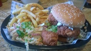 Frickin chickin burger with fries and slaw  at Grumpy Panda Slice Shop & Deli in Gateshead