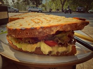 Vegan breakfast avocado Sammie… nom nom don’t remember what its actually called   at The Juicery Cafe in Pokhara