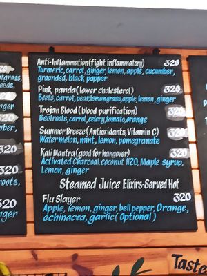 Menu at The Juicery Cafe in Pokhara