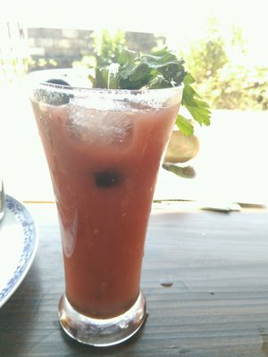tomato juice with Tabasco and celery at The Juicery Cafe in Pokhara