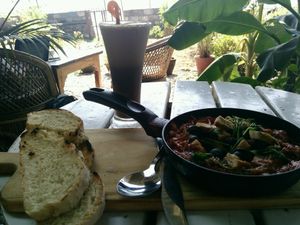 shakshuka with tofu instead of eggs, and without cheese at The Juicery Cafe in Pokhara