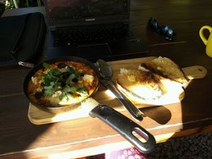 Tasty shakshouka (350 rupees) at The Juicery Cafe in Pokhara