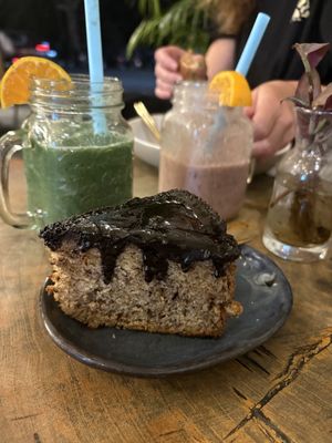 Vegan cake + yogi smoothie   at The Juicery Cafe in Pokhara