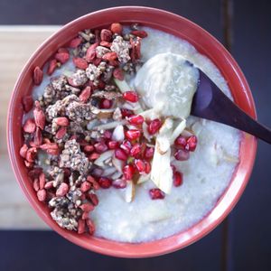 Poached pear oatmeal at The Juicery Cafe in Pokhara