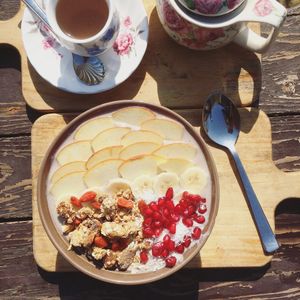 Oatmeal with soyamilk and fruits at toppings  at The Juicery Cafe in Pokhara