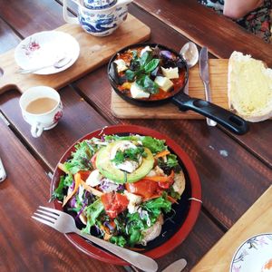 Eat the breakfast like a king -- slow cooked shakshuka, avocado salad with a pot of handcraft chai  at The Juicery Cafe in Pokhara