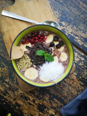 Chocolate & peanut butter smoothie bowl. Delicious. at The Juicery Cafe in Pokhara