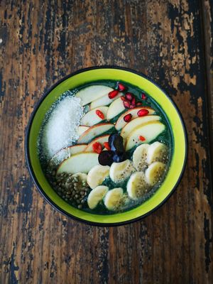 Super green smoothie bowl at The Juicery Cafe in Pokhara