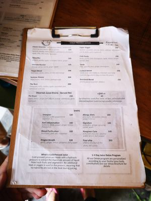 Menu at The Juicery Cafe in Pokhara