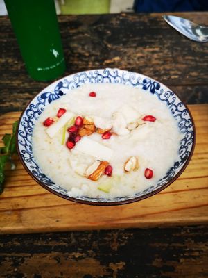 Poached pear oatmeal at The Juicery Cafe in Pokhara