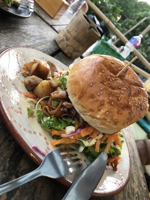 Vegan mushroom burger at The Juicery Cafe in Pokhara