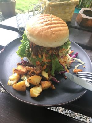Mushroom burger at The Juicery Cafe in Pokhara