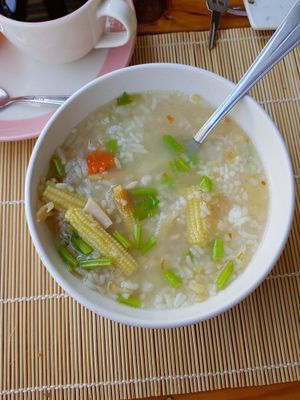 Rice soup for breakfast at Lanta A&J Klong-Khong Beach Resort in Koh Lanta