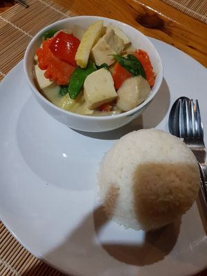 Green curry with rice and vegetables with tofu at Lanta A&J Klong-Khong Beach Resort in Koh Lanta