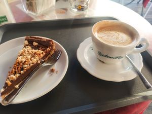 Vegan cake and cappuccino with soy at Dolce Pisa in Pisa