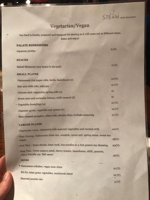 menu at Steam in Rye