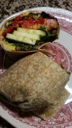 Veggie Delight Wrap with wheat wrap, one of the vegan items offered by the cafe. May 2020. at Taste Budd's Cafe in Red Hook