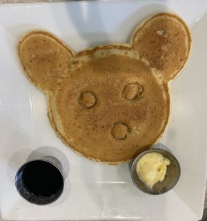 Mickey Mouse pancakes from kids menu at Simply Green Cafe in Ramsey
