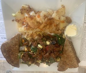 Tofu scramble Florentine with tempeh bacon   at Simply Green Cafe in Ramsey