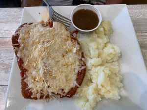 Eggplant Parmigiana with Mash Potatoes & Gravy  at Simply Green Cafe in Ramsey