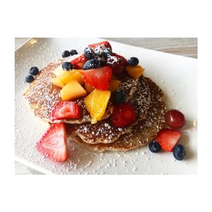 Pancakes with fruit at Simply Green Cafe in Ramsey