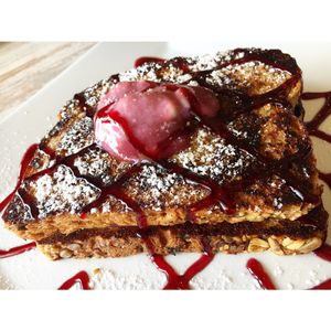 Raspberry cream cheeze stuffed French toast  at Simply Green Cafe in Ramsey