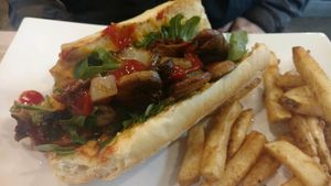 Philly Sandwich with added beefless beef (pardon my bite) at Simply Green Cafe in Ramsey