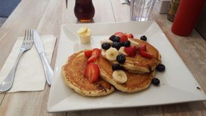 Chocolate chip pancakes my favorite! at Simply Green Cafe in Ramsey