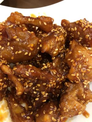 The sweet steak aka sweet and sour battered tofu ..delicious! at Mei Sin 美欣素食 in Hualien