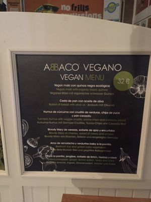 Vegan set menu listed outside  at Abbaco in Mallorca