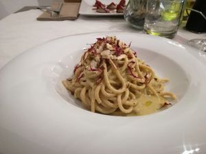 Pasta with smoked pepper and nuts at Officina Verde in Riva Del Garda