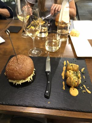 Burger with seitan and potatoes. at Officina Verde in Riva Del Garda