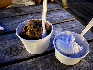 Non-dairy mud pie and blueberry pomegranate sorbet at Ice Cream Factory in Boothbay Harbor