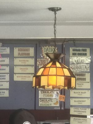 Dairy free flavors (obstructed by the light unfortunately) at Ice Cream Factory in Boothbay Harbor