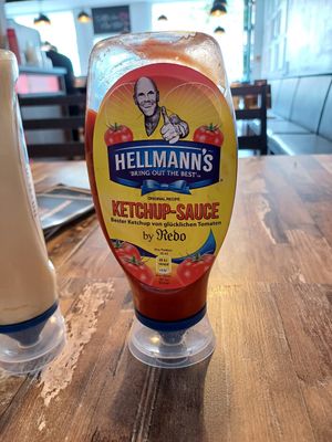 Vegan Ketchup sauce on the tables at Burgerbüro  in Cottbus