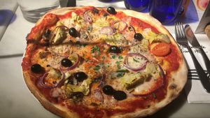 Artichoke, olive and red onion with vegan cheese  at Pizza Express - Cardiff Bay in Cardiff