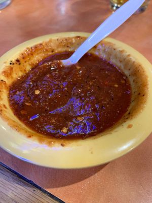 You have to ask for this sauce…homemade roasted chilies hot sauce at Ay Caramba Tres Amigos in Wenatchee