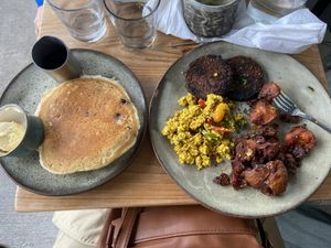 Vegan Bearcat + Vegan Blueberry Pancakes.  at Bearcat Cafe - Uptown in New Orleans