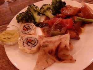 mixed plate w japanese omlette at Veggie Heroes - Blegdamsvej in Copenhagen