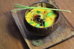 Our Sumatran curry with fresh seasonal veggies and the option of tofu and tempe, served with organic rice. With lemon grass, star anise, chili and many more spices.  at Sarinbuana Eco Lodge Restaurant in Tabanan