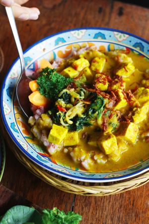 Balinese curry with sliced tofu and brown rice.  at Sarinbuana Eco Lodge Restaurant in Tabanan
