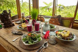 Gado-gado (steamed veggies, peanut sauce and rice) and fern tip salads with a view.  at Sarinbuana Eco Lodge Restaurant in Tabanan